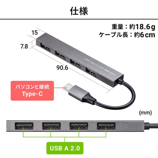 サンワサプライ USBType-C／USB2.0 スリムハブ 4ポート USB-2TCH23SN 1個（ご注文単位1個）【直送品】