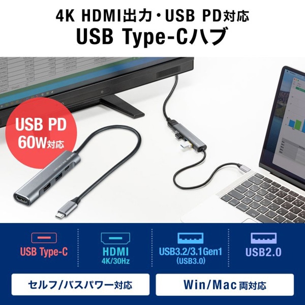 サンワサプライ USB Type-Cハブ HDMIポート付 USB-3TCH37GM 1個（ご注文単位1個）【直送品】