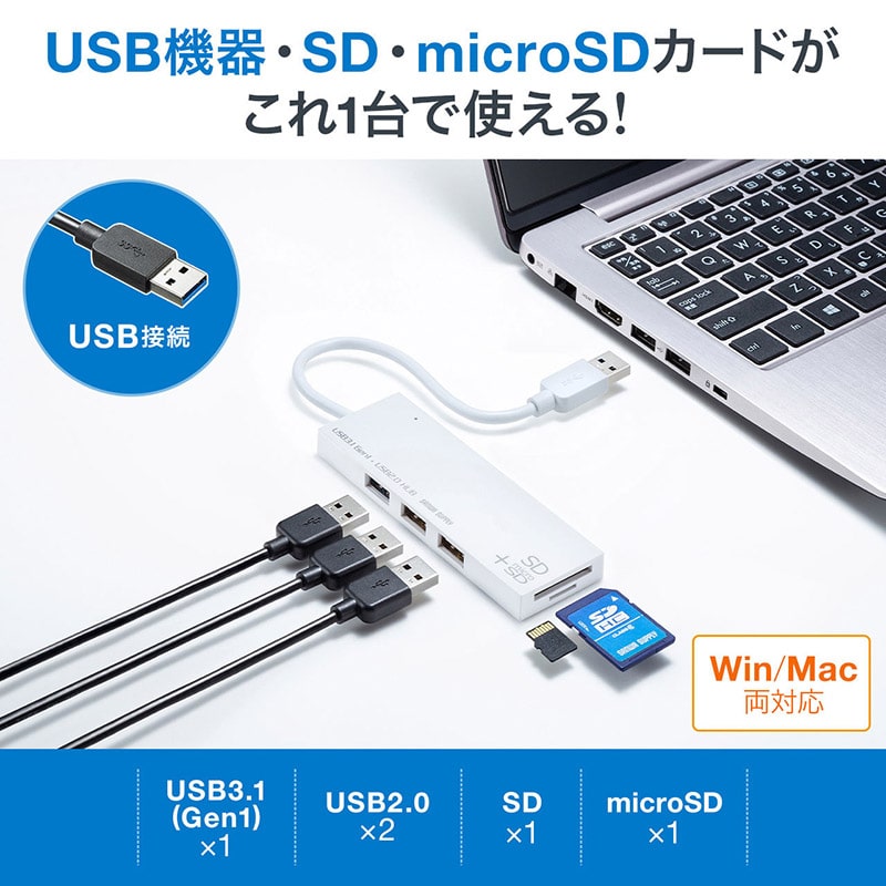 サンワサプライ USB3.1+2.0コンボハブ カードリーダー付き USB-3HC316WN ホワイト 1個(ご注文単位1個)【直送品】