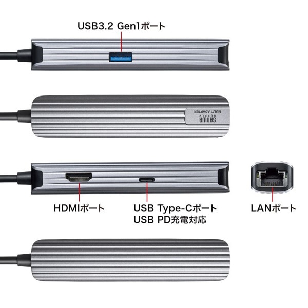 サンワサプライ USB Type-C マルチ変換アダプタ HDMIポート+LANポート付き USB-3TCHLP7S-1 1個（ご注文単位1個）【直送品】