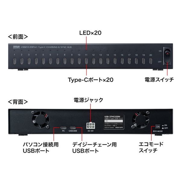 サンワサプライ USB2.0／Type-Cハブ 20ポート USB-2THCS20N 1個（ご注文単位1個）【直送品】