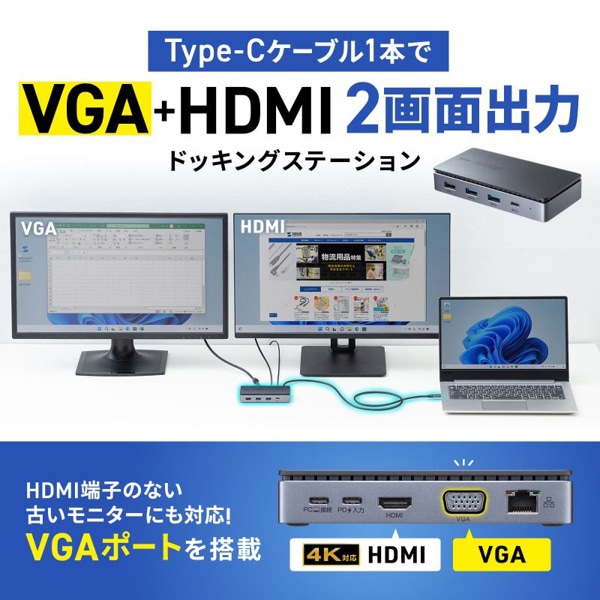 サンワサプライ USB Type-C ドッキングステーション HDMI／VGA・2画面出力対応 USB-CVDK19 1個（ご注文単位1個）【直送品】