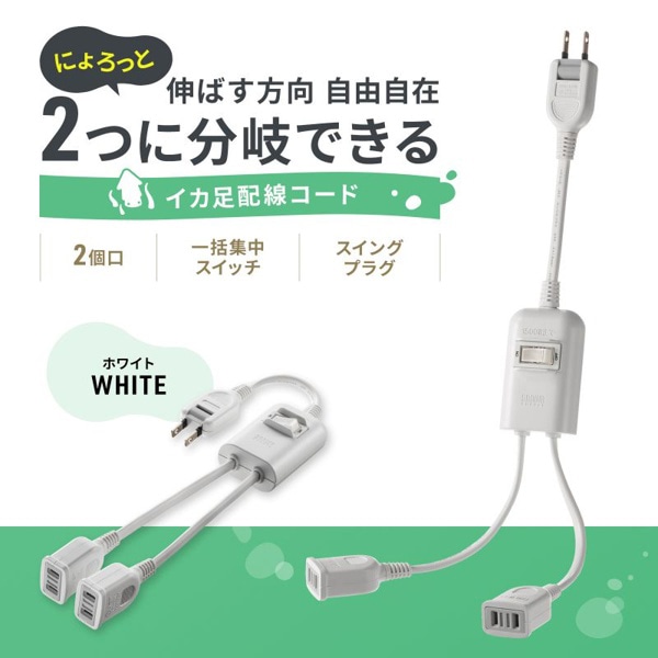 サンワサプライ 一括集中スイッチ付き電源延長コード 2分岐 2P 2個口 ホワイト TAP-EX2SWW 1個（ご注文単位1個）【直送品】