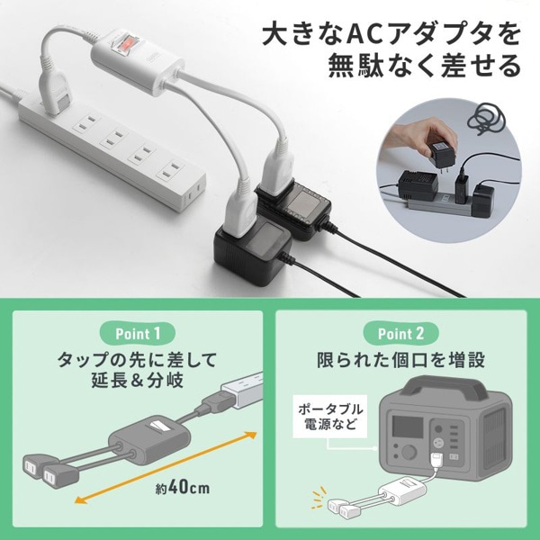 サンワサプライ 一括集中スイッチ付き電源延長コード 2分岐 2P 2個口 ホワイト TAP-EX2SWW 1個（ご注文単位1個）【直送品】
