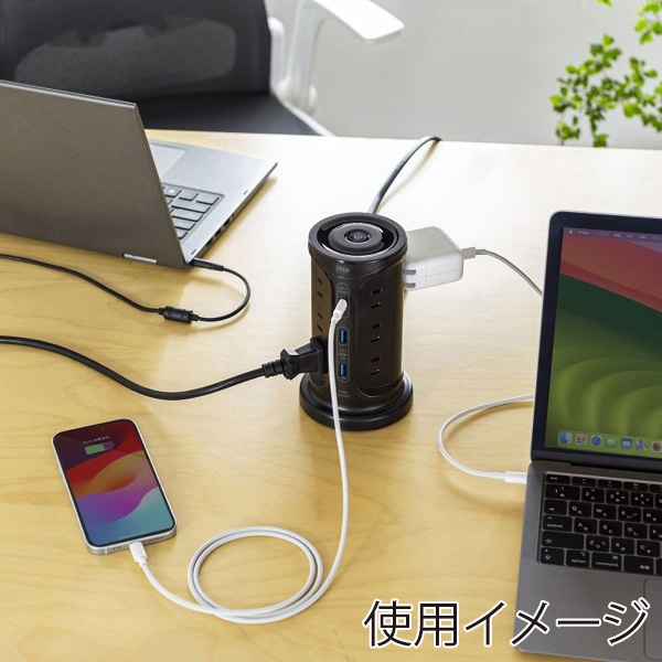 サンワサプライ タワー型電源タップ USB充電機能付き ブラック TAP-B112C1A2BK 1個（ご注文単位1個）【直送品】