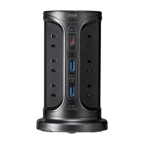 サンワサプライ タワー型電源タップ USB充電機能付き ブラック TAP-B112C1A2BK 1個（ご注文単位1個）【直送品】