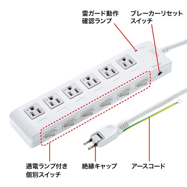 サンワサプライ 省エネタップ 雷ガード付き 3P・6個口・2m TAP-S28 1個(ご注文単位1個)【直送品】