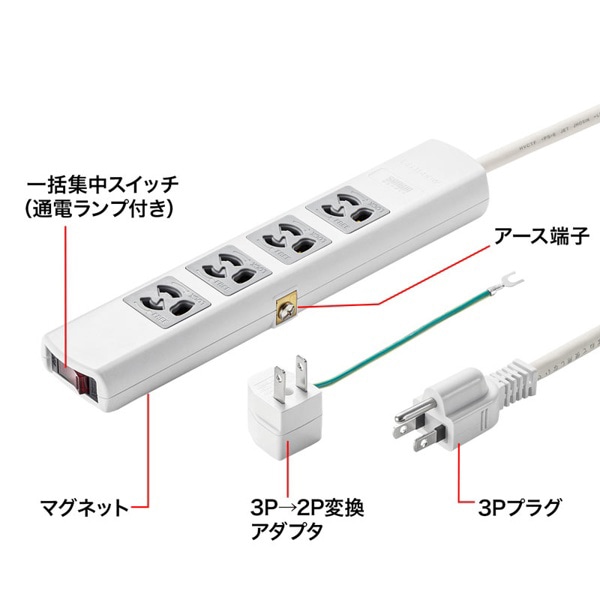 サンワサプライ 電源タップ 3P 4個口 3m ホワイト TAP-34MG-3 1個（ご注文単位1個）【直送品】