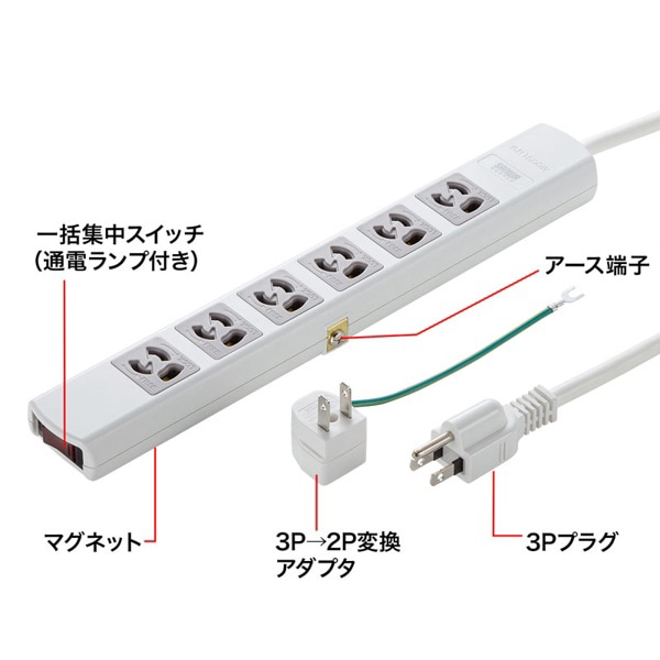 サンワサプライ 電源タップ 3P 6個口 5m ホワイト TAP-36MG-5 1個（ご注文単位1個）【直送品】