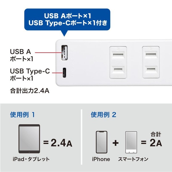 サンワサプライ USB充電機能付きタップ Type-C搭載 2P 2個口 2m TAP-B101UC-2W 1個（ご注文単位1個）【直送品】