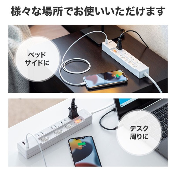 サンワサプライ USB充電機能付きタップ Type-C搭載 2P 4個口 2m TAP-B102UC-2W 1個（ご注文単位1個）【直送品】