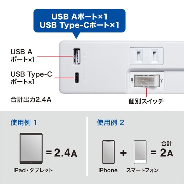 サンワサプライ USB充電機能付きタップ Type-C搭載 2P 4個口 2m TAP-B102UC-2W 1個（ご注文単位1個）【直送品】