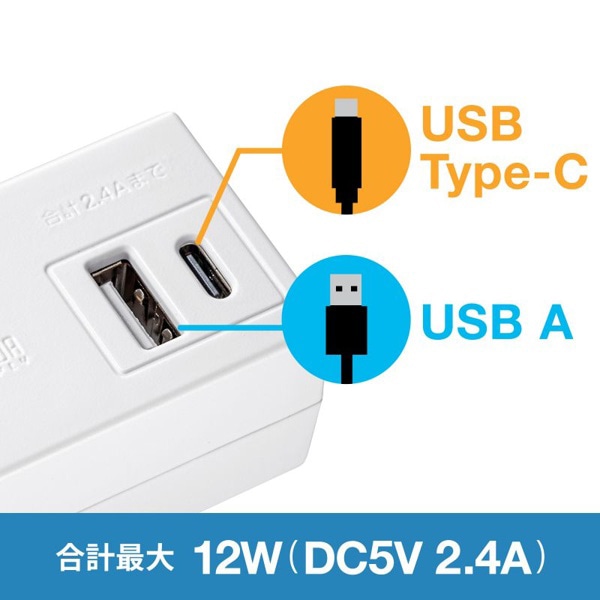 サンワサプライ モバイルタップ AC×2個口 USB-A×1／Type-C×1 TAP-MUC1AC2W 1個（ご注文単位1個）【直送品】