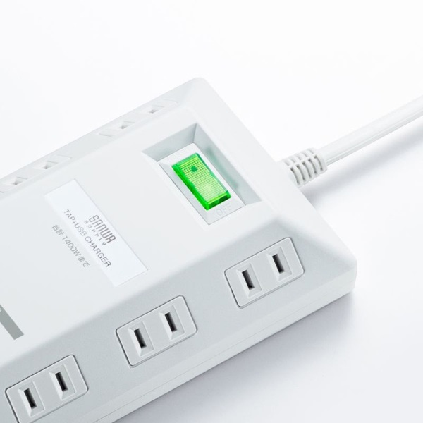 サンワサプライ 平型電源タップ USB充電機能付き 2P 8個口 3m ホワイト TAP-B109U-3WN 1個（ご注文単位1個）【直送品】