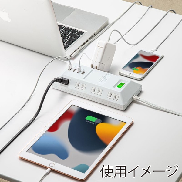 サンワサプライ 平型電源タップ USB充電機能付き 2P 8個口 3m ホワイト TAP-B109U-3WN 1個（ご注文単位1個）【直送品】