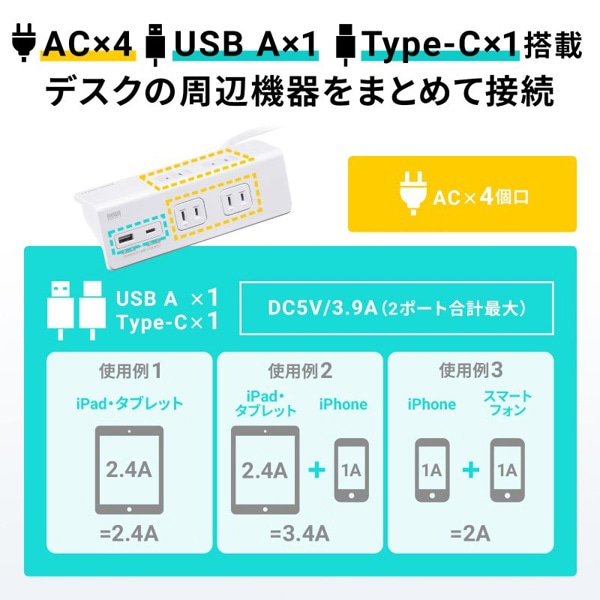 サンワサプライ クランプ固定式タップ ホワイト TAP-B105UC-3W 1個（ご注文単位1個）【直送品】