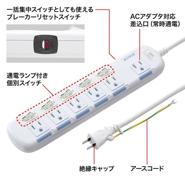 サンワサプライ 省エネタップ トラッキング火災予防プラグ 3P・6個口・2m TAP-S10N2-2 1個(ご注文単位1個)【直送品】