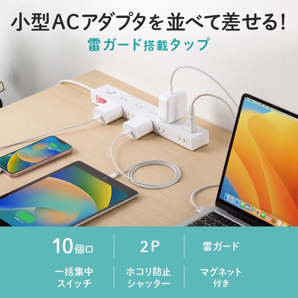 サンワサプライ 雷ガードタップ 10個口・1m・ホワイト TAP-SP2110N-1W 1個（ご注文単位1個）【直送品】