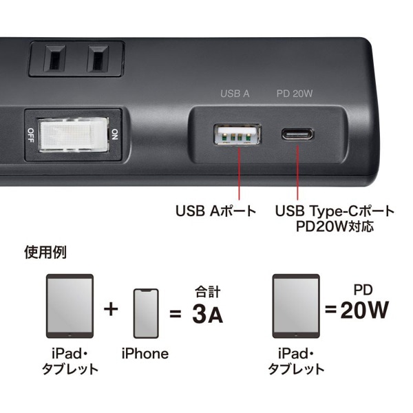サンワサプライ 節電タップ 2P 4個口 1m ブラック TAP-B107UC-1BK 1個（ご注文単位1個）【直送品】