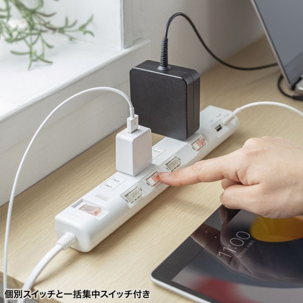 サンワサプライ 節電タップ 2P 4個口 1m ホワイト TAP-B107UC-1W 1個（ご注文単位1個）【直送品】