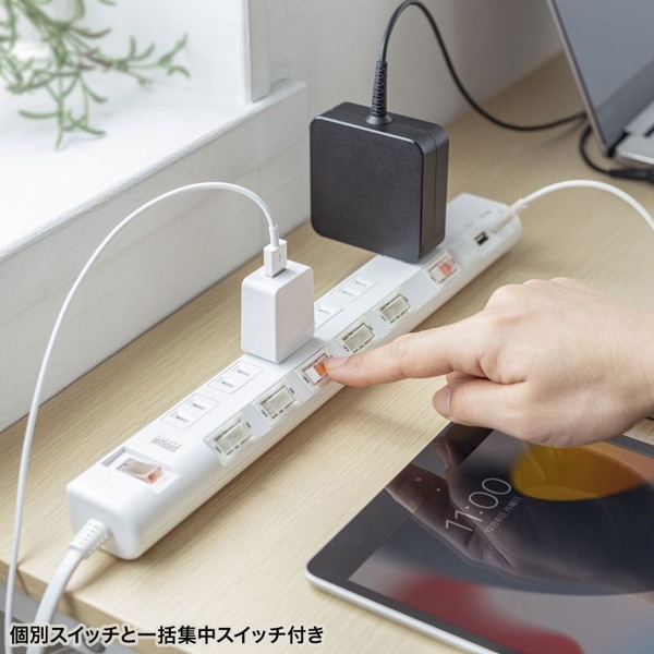 サンワサプライ 節電タップ 2P 6個口 1m ホワイト TAP-B108UC-1W 1個（ご注文単位1個）【直送品】