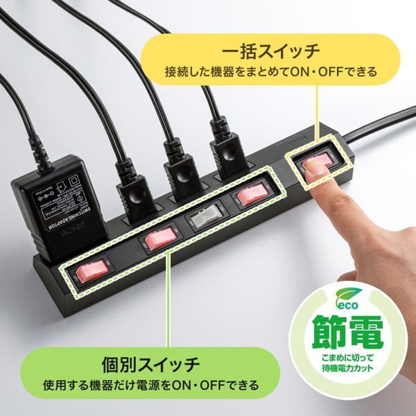 サンワサプライ 節電タップ 2P・4個口・1m・ブラック TAP-S29-1BK 1個（ご注文単位1個）【直送品】