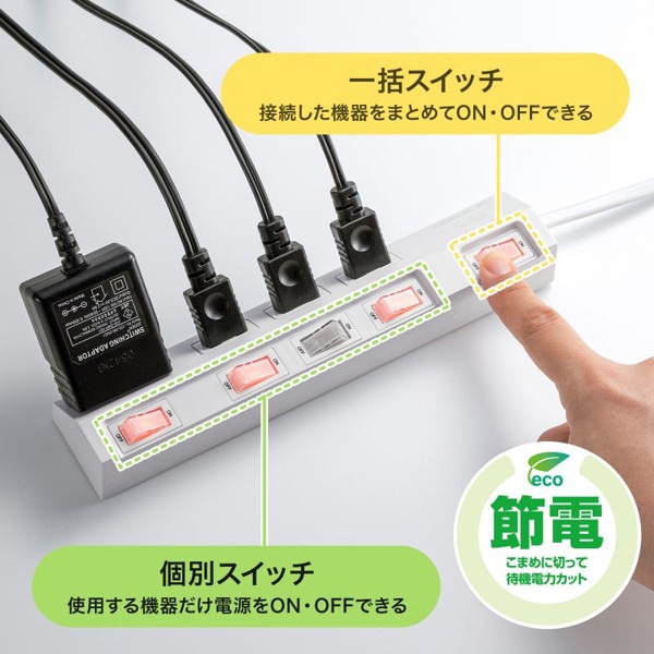 サンワサプライ 節電タップ 2P・4個口・1m・ホワイト TAP-S29-1W 1個（ご注文単位1個）【直送品】