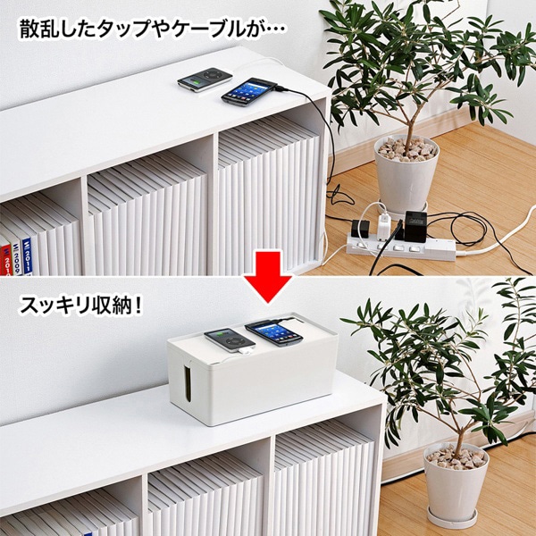 サンワサプライ ケーブル&タップ収納ボックス Mサイズ ホワイト CB-BOXP2WN2 1個(ご注文単位1個)【直送品】