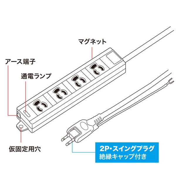 サンワサプライ 電源タップ 抜け止めタイプ スイングプラグ 3P 4個口 1m TAP-MG341N2PN-1 1個（ご注文単位1個）【直送品】