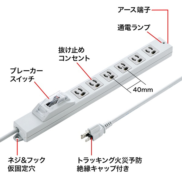 サンワサプライ 安全ブレーカータップ オフィス・工場用 3P 6個口 3m TAP-BR36A-3 1個（ご注文単位1個）【直送品】