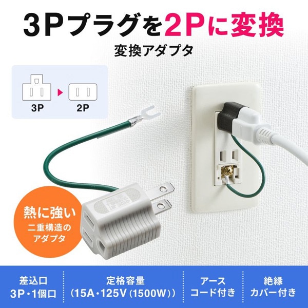 サンワサプライ 3Pプラグ→2Pプラグ変換アダプタ 耐熱タイプ TAP-AD8BK 1個(ご注文単位1個)【直送品】