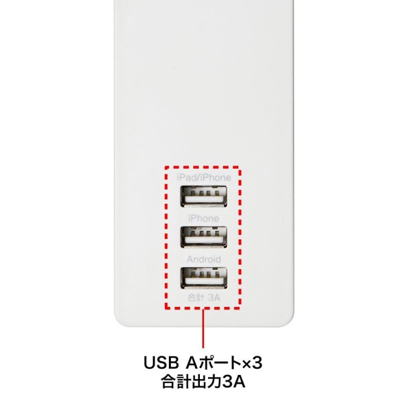 サンワサプライ USB充電機能付きタップ ACアダプタ対応 3P 4個口 2m ホワイト TAP-F37U-2 1個（ご注文単位1個）【直送品】