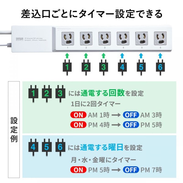 サンワサプライ タイマー付き電源タップ 3P・6個口・3m TAP-RT1 1個（ご注文単位1個）【直送品】