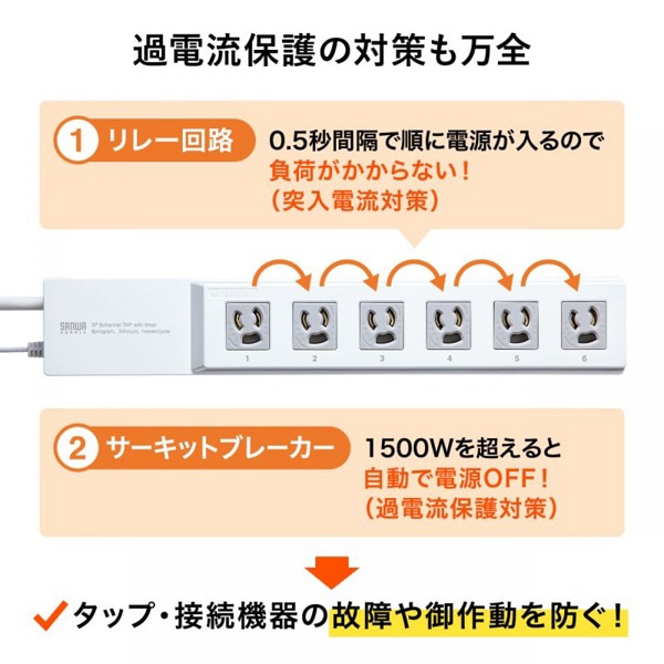 サンワサプライ タイマー付き電源タップ 3P・6個口・3m TAP-RT1 1個（ご注文単位1個）【直送品】