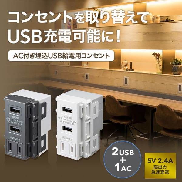 サンワサプライ 埋込USB給電用コンセント ACバッテリー付き ホワイト TAP-KJUSB2AC1W 1個（ご注文単位1個）【直送品】