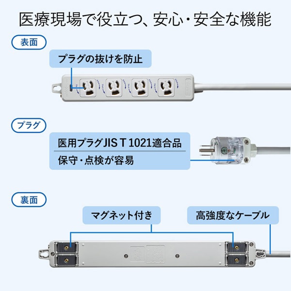 サンワサプライ 医用接地プラグ付き電源タップ 3P 4個口 3m グレー TAP-HPM4-3W 1個(ご注文単位1個)【直送品】