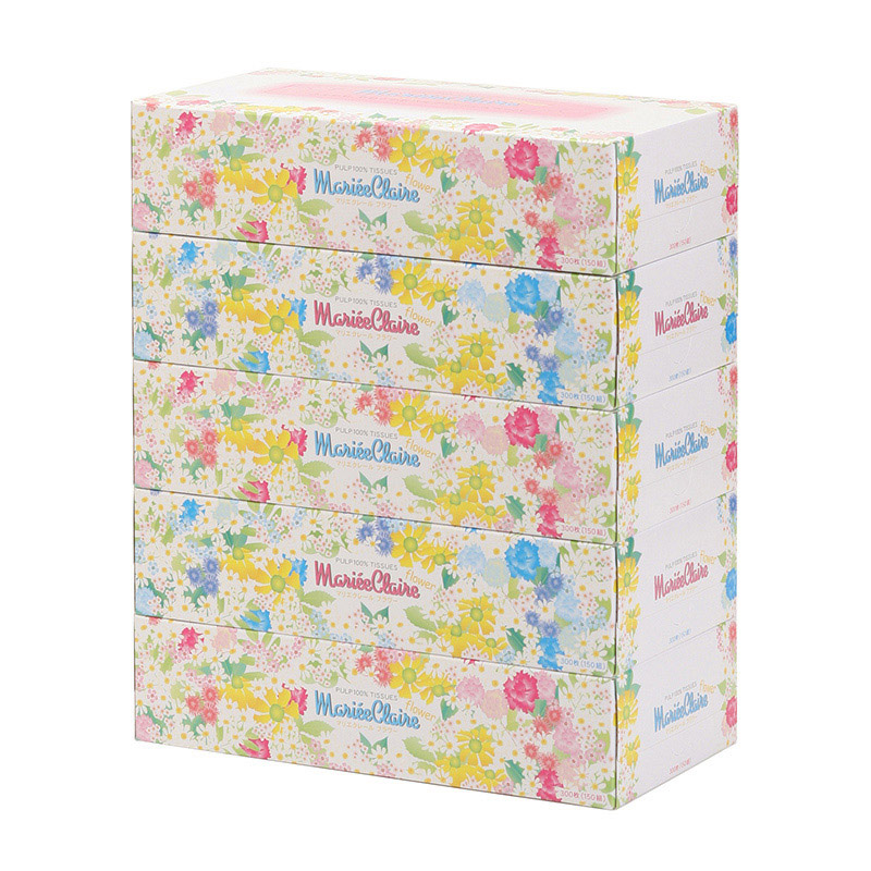 イデシギョー ボックスティッシュ　マリエクレールフラワー 150組　300枚 5個/パック（ご注文単位24パック）【直送品】