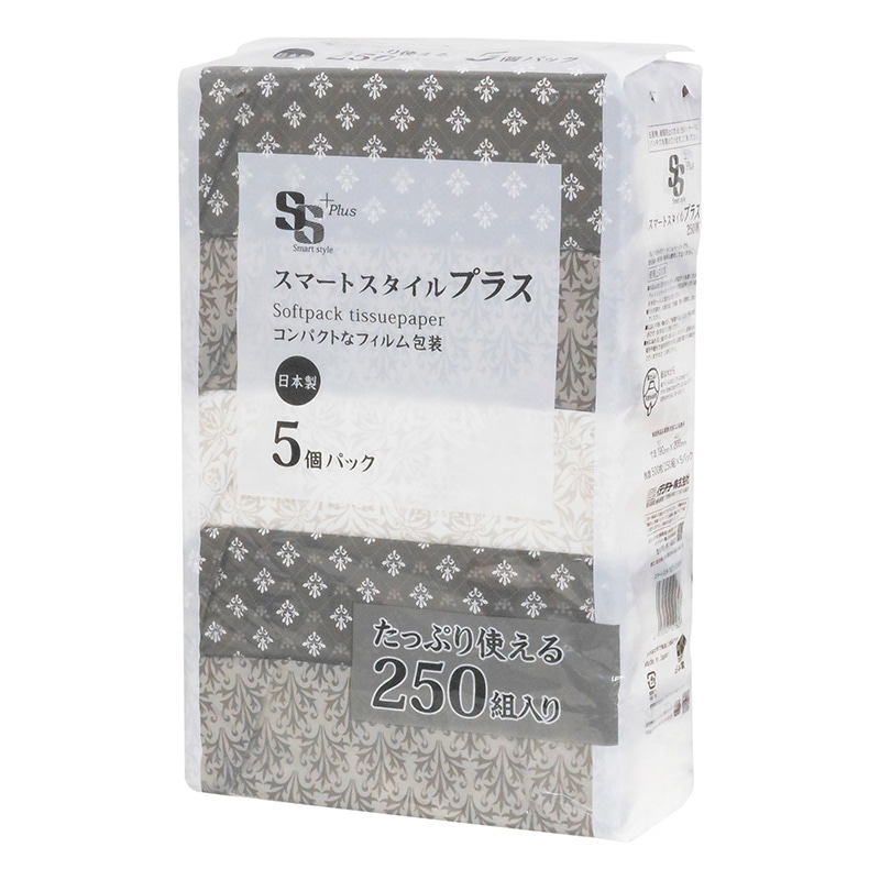 イデシギョー ソフトパックティッシュ　スマートスタイルプラス 250組　500枚 5個/パック（ご注文単位24パック）【直送品】