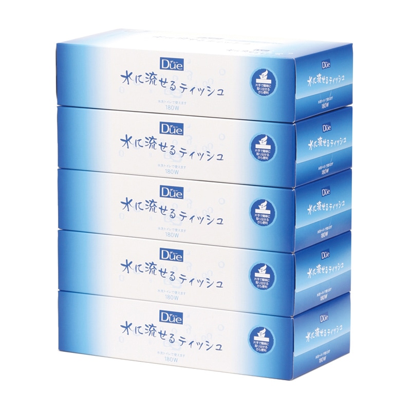 イデシギョー デュー　水に流せるボックスティッシュ 180組　360枚 5個/パック（ご注文単位24パック）【直送品】