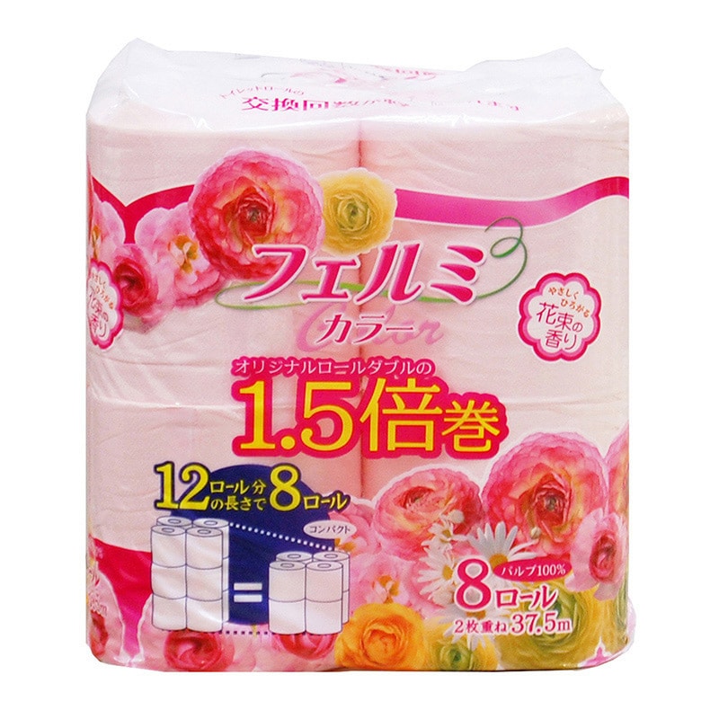 イデシギョー トイレットペーパー　フェルミカラー ダブル　1.5倍巻き　37.5m 8ロール/パック（ご注文単位16パック）【直送品】