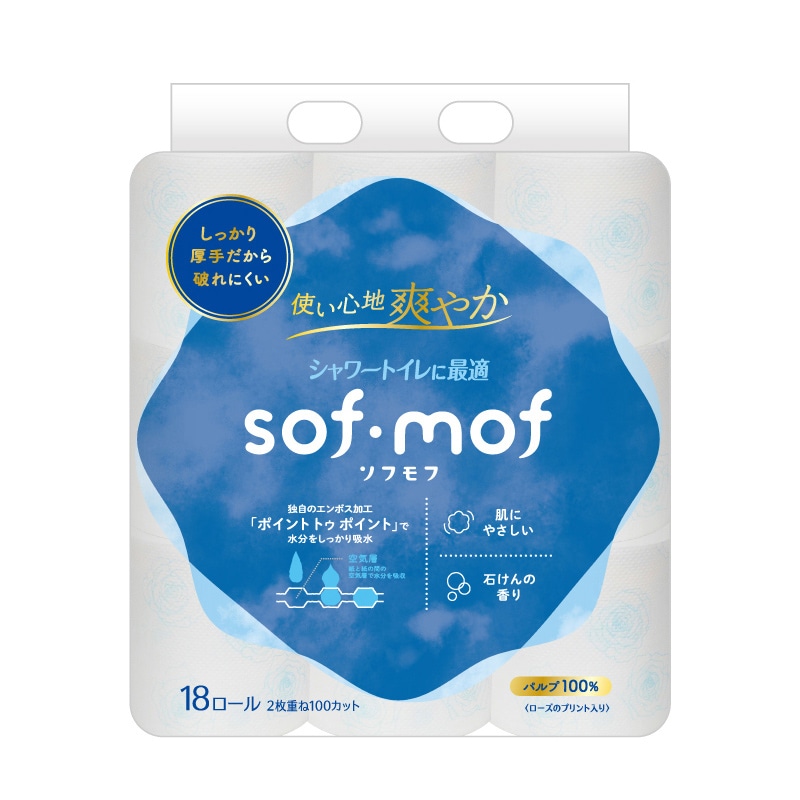 イデシギョー トイレットペーパー　ソフモフ　せっけんの香り 2枚重ね　100カット　18ロール/パック（ご注文単位16パック）【直送品】