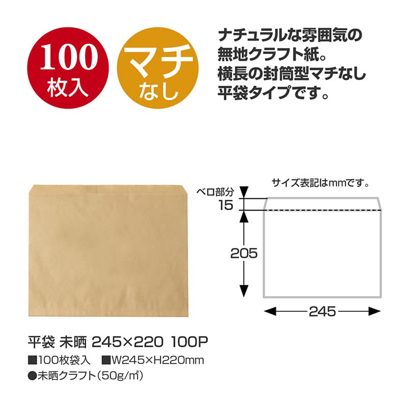 ササガワ 平袋 未晒 245×220mm 100枚入 50-1420 1包（ご注文単位1包）【直送品】