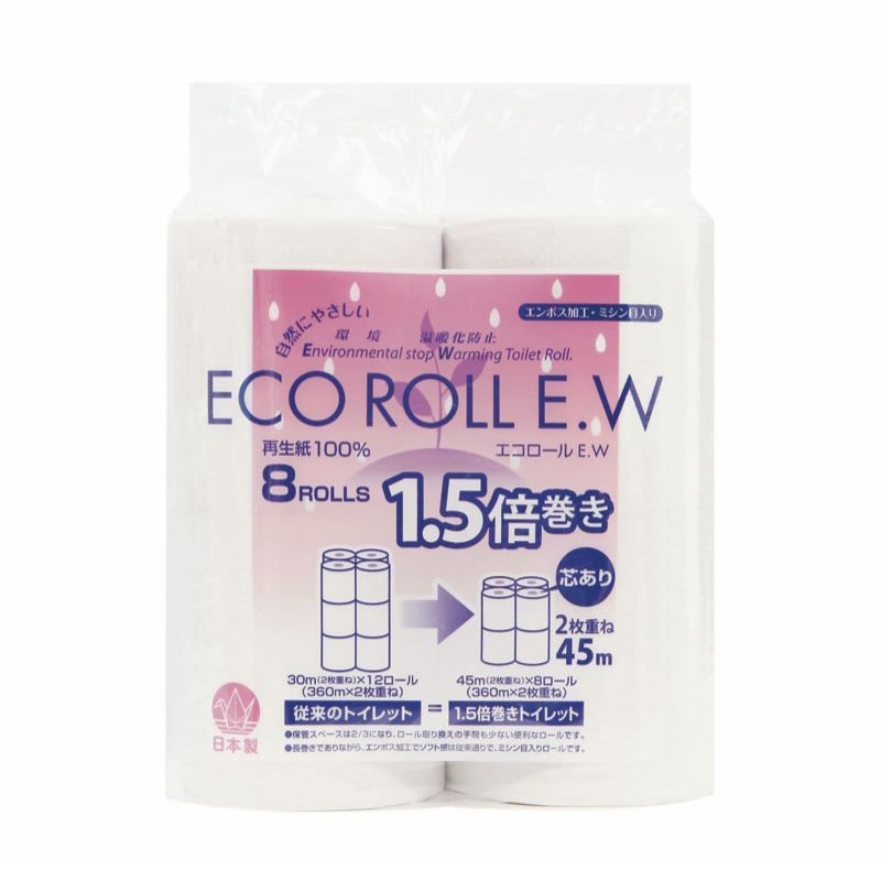 太洋紙業 トイレットペーパー　エコロール　EW45 ダブル　1.5倍巻き　45m　8ロール  1パック（ご注文単位24パック）【直送品】