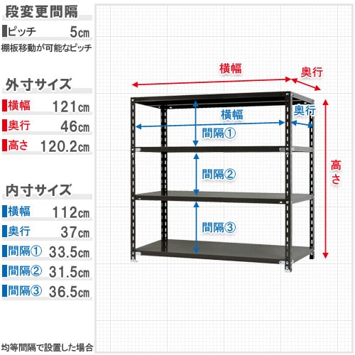 キタジマ スチールラック NCラック 120×45×120 4段 黒 NC-2-12 1台(ご注文単位1台)【直送品】
