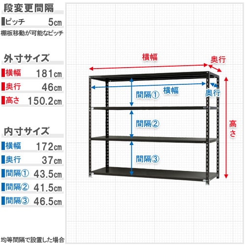 キタジマ スチールラック NCラック 180×45×150 4段 黒 NC-4-15 1台(ご注文単位1台)【直送品】