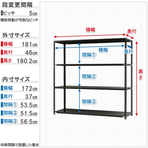 キタジマ スチールラック NCラック 180×45×180 4段 黒 NC-4-18 1台(ご注文単位1台)【直送品】