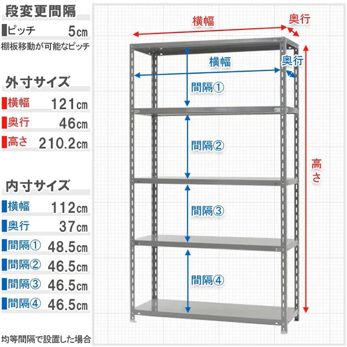 キタジマ スチールラック 力量ラック 120×45×210 5段 グレー 力量-2-21 1台(ご注文単位1台)【直送品】