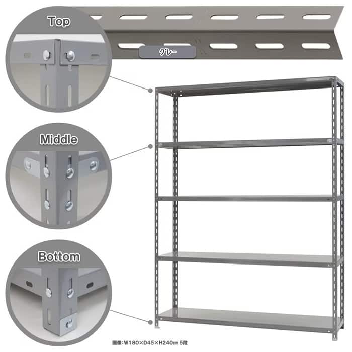 キタジマ スチールラック 力量ラック 180×45×240 5段 グレー 力量-4-24 1台(ご注文単位1台)【直送品】