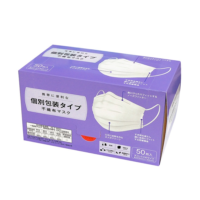 日本マスク 個別包装不織布マスク すこし小さめサイズ 50枚 1個(ご注文単位40個)【直送品】