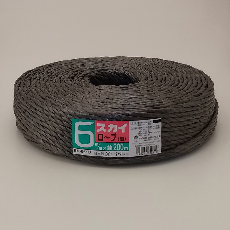 宮島化学工業 PPロープ　スカイ溶着ロープ 6mm×200m　黒 BS061D 1巻（ご注文単位5巻）【直送品】
